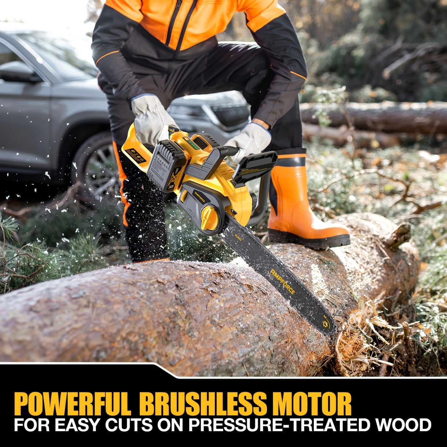 AMPFORCE 16-Inch Brushless Chainsaw 36V, Compatible With DewaIt Battery, Brushless Motor 8000RPM, Chains Brake, Auto Lubrication, Compact Design, Ideal For Efficient Wood/Tree Cutting And Pruning, Bare Tool (Without Battery)