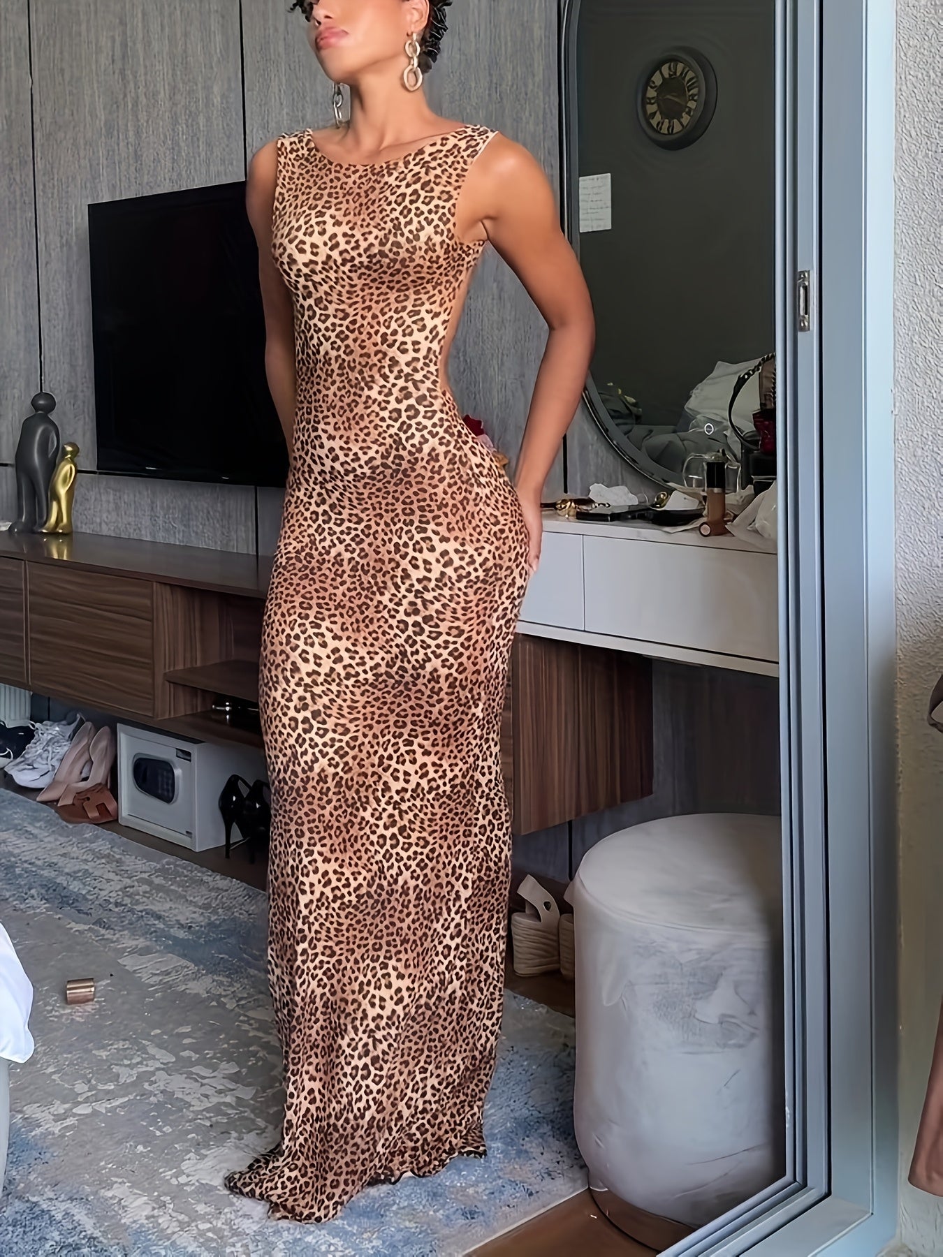 Backless Leopard Print Long Dress YQ001