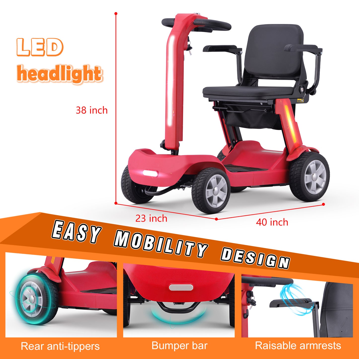 Foldable Mobility Scooter for Adults & Senior, 4 Wheels Powered Device for Travel,with an LED light strip, storage bag, and charger. No assembly required.with a 300-watt motor,a reclining seat, a 300-pound load capacity, and