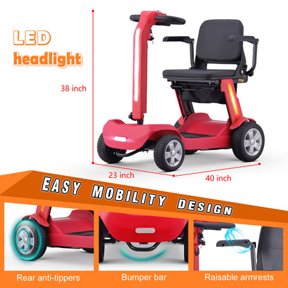 Foldable Mobility Scooter for Adults & Senior, 4 Wheels Powered Device for Travel,with an LED light strip, storage bag, and charger. No assembly required.with a 300-watt motor,a reclining seat, a 300-pound load capacity, and