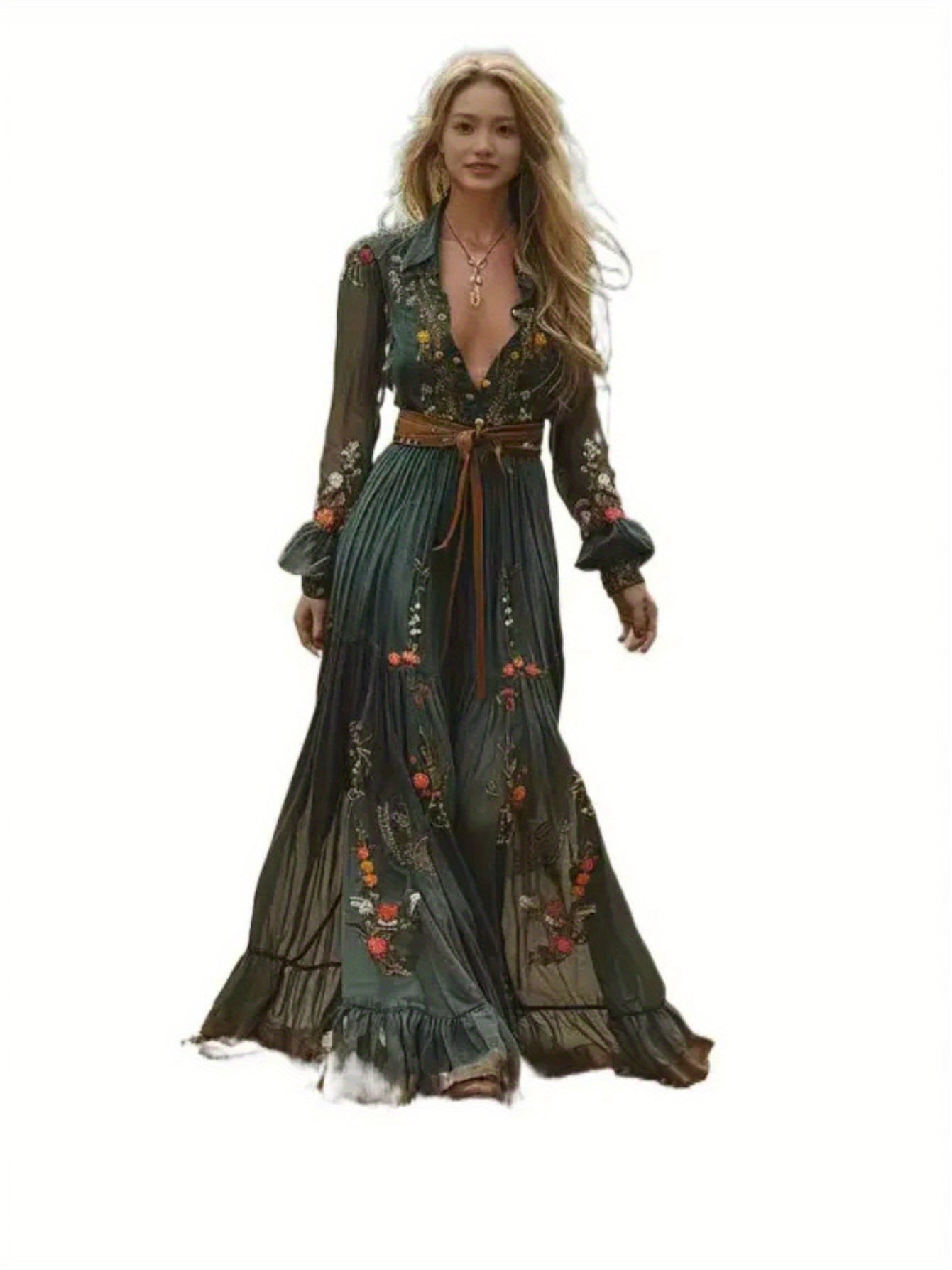 [Bohemian Style]Elegant Women's Round Neck Dress- Long Sleeve with Faux Drawstring Waist, High-Low Hem, Suitable for Spring, Summer, and Autumn, Casual and Elegant| High Waist Dress| Polyester fabric- belt not included, Autum