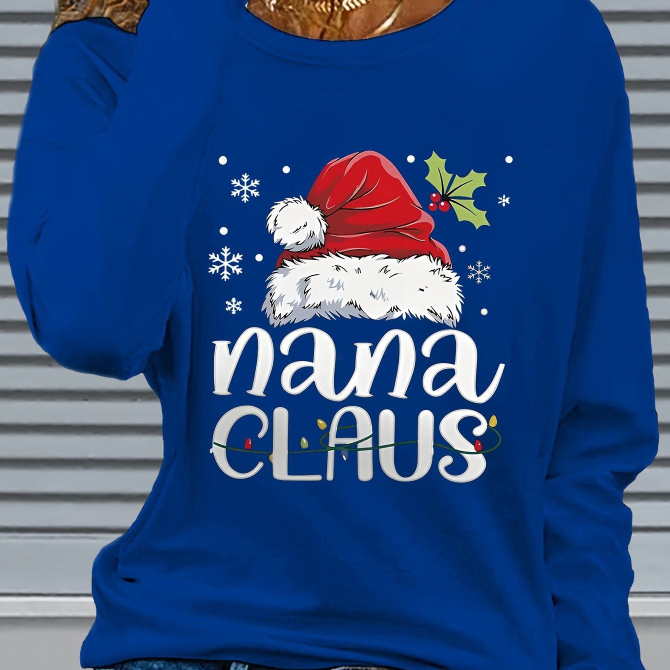 Women'S Christmas Santa Claus & Nana Claus Graphic Print Long Sleeve T-Shirt - Cozy Crew Neck Casual Top with Festive Snowflake & Santa Hat Design, Perfect For Fall/winter Holiday Celebrations, Christmas Shirts
