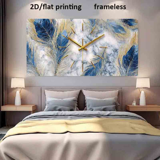 1pc Extra Large Modern Minimalist Wall Clock Canvas Poster - Frameless Large Wall Decor with Blue Feather Design, Beige & Golden Accents - Easy Hanging Installation for Living Room, Bedroom, Office - Contemporary Home Decorat