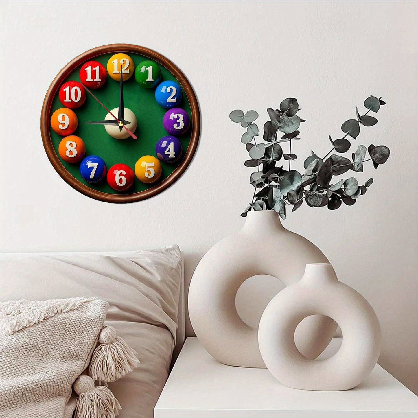 Non-Electric 2D Flat Billiard Theme Wooden Round Wall Clock, Farmhouse Style Home Decor, Suitable for Kitchen, Bedroom, Office, No Ticking Sound, Battery Not Included, St. Patrick's Day Mother's Day Gift, 9.8x9.8 Inches, 2D F