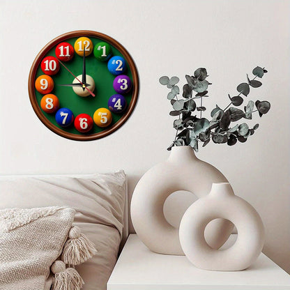 Non-Electric 2D Flat Billiard Theme Wooden Round Wall Clock, Farmhouse Style Home Decor, Suitable for Kitchen, Bedroom, Office, No Ticking Sound, Battery Not Included, St. Patrick's Day Mother's Day Gift, 9.8x9.8 Inches, 2D F