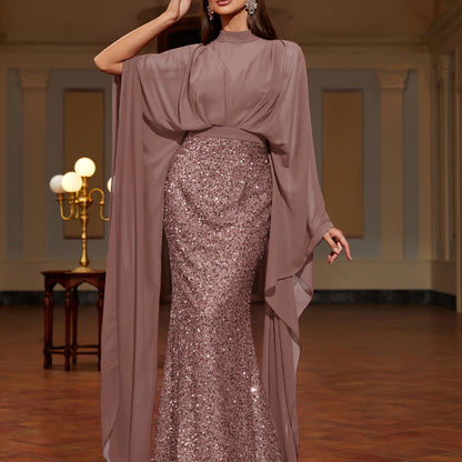 A Stand-Collar Chiffon Dress with Sequins, an Elegant And Stylish Long Dress for Women, Perfect for Parties, New Style for 2025, Evening Gown for Women, Performance Dress for Hosts, Bridesmaid Dress, Prom Evening Gown, Concer