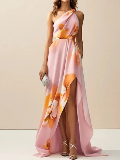 Women's Elegant Mermaid Dress - Long Sleeve A-Line -Length Formal Gown with Slim Waist & Wrap Hem, Soft Pink & Peach Print, Pink/Beige/ Hues for Weddings, Prom, Galas (No Bust Padding)