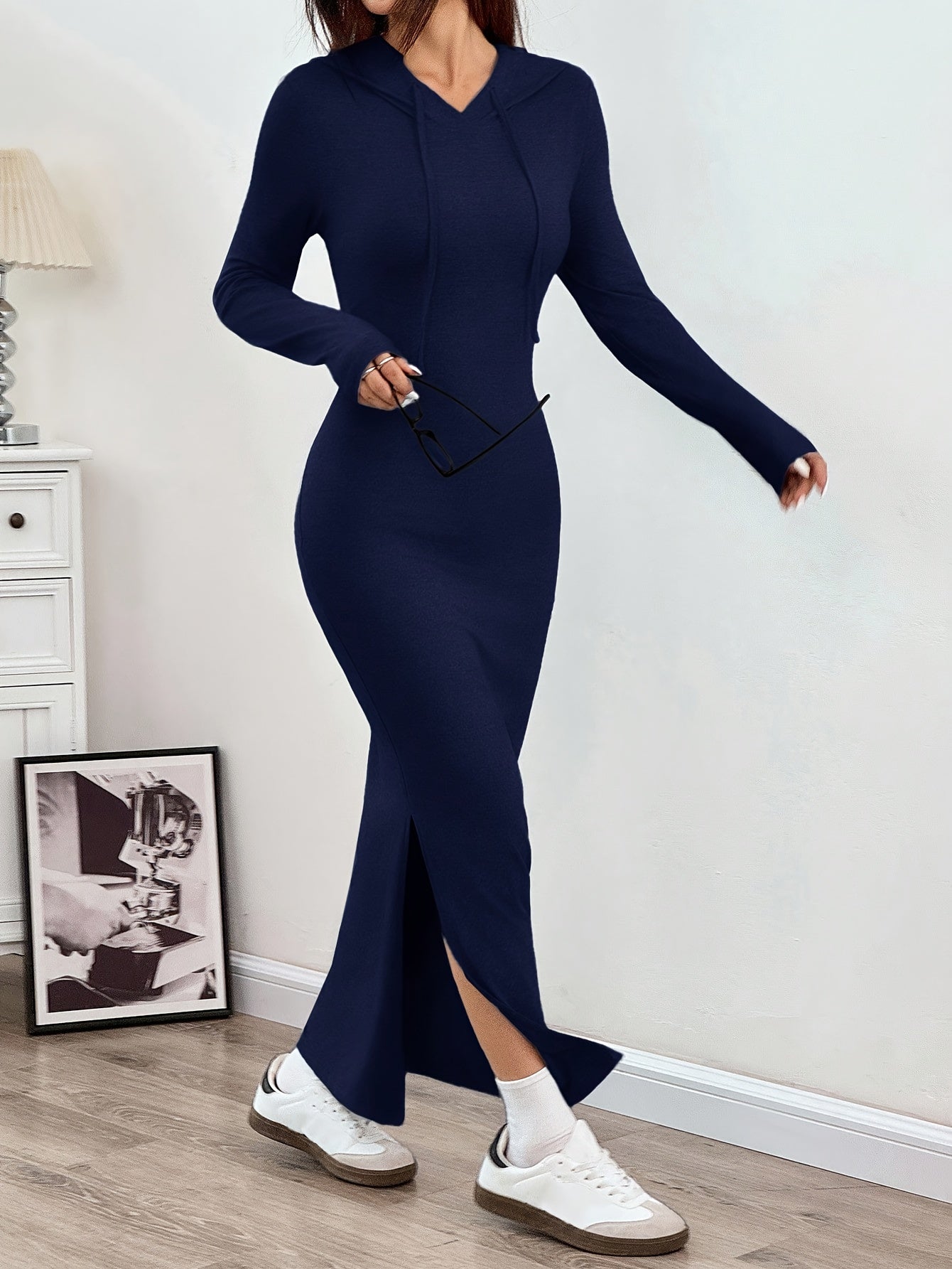 Spring and Autumn New Hooded Long Cross Knee Casual Fashion Dress | Solid Color, Long Sleeve, Bodycon Fit, Slit Hem