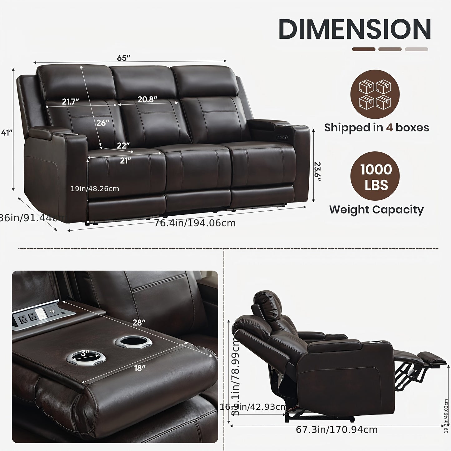 Consofa Leather Reclining Couch, Dual Motor Power Reclining Sofawith Power Headrest/LED Light/Armrest Storage, Recliner Sofa 3 Seater for Living Room/Apartment/Bedroom, Living Room Seating, Apartment Furniture, Stylish Reclin