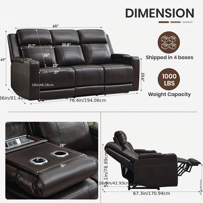 Consofa Leather Reclining Couch, Dual Motor Power Reclining Sofawith Power Headrest/LED Light/Armrest Storage, Recliner Sofa 3 Seater for Living Room/Apartment/Bedroom, Living Room Seating, Apartment Furniture, Stylish Reclin
