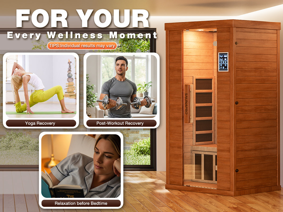 1-Person Sauna Room, Indoor Spectrum Infrared Sauna for Home, Dry Sauna with WiFi/BT Control and 5 Heater Panels, 9-Color Light Therapy, Safe Flame-Retardant Material, Wood Low EMF 1200W/120V Heater, Home Spa and Gym Use