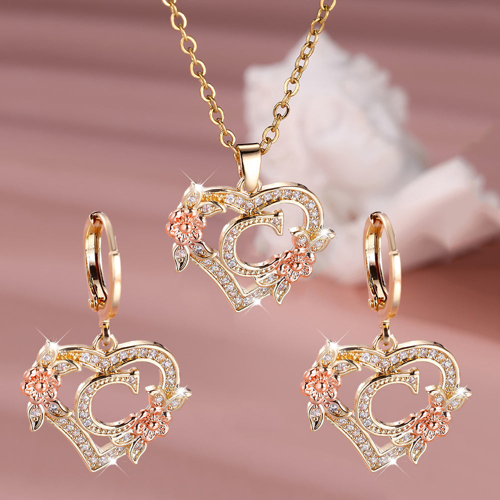 3pcs Women's Initial Jewelry Set - Heart-Shaped Interlocking Link Necklace & Earrings with 26-Letter Monogram, Elegant Golden-Tone -Accented Letters, Dainty Everyday Gift for Mother's Day, Graduation, Birthdays (Pink & Clear