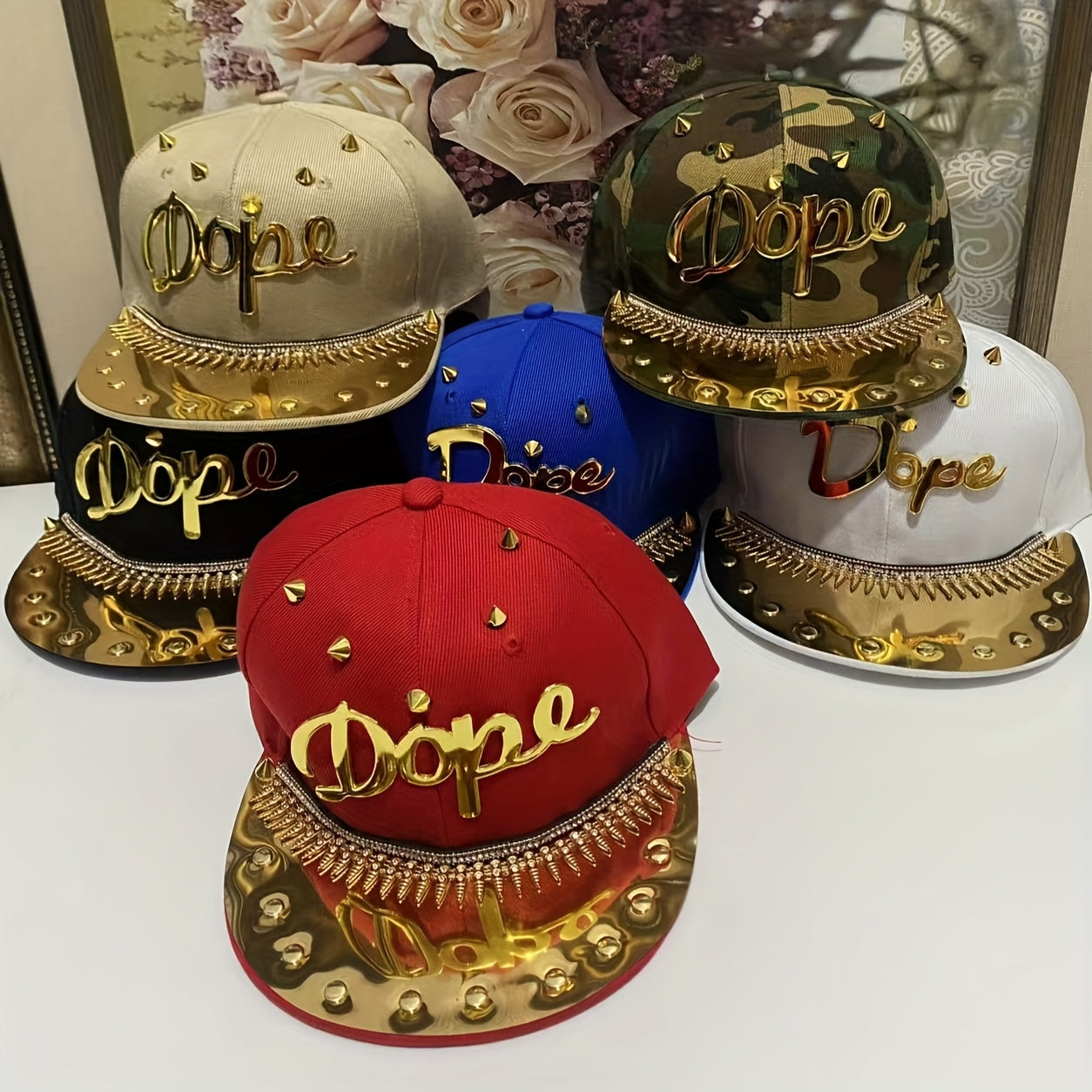Men's Punk Hip-Hop Snapback Baseball Cap with "Dope" Lettering - Lightweight Adjustable Hat in Beige, Camo, Blue & Red/Golden for Streetwear & Casual Style