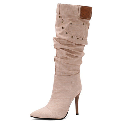 Women'S PU Cover Knee-High Boots with Studded Stiletto Heel, Pointed Toe & Slouchy Half-Zipper Closure - Ruched High Heel, Calf-to-Knee Length, Durable Rubber Sole - Versatile Western to Modern Booties for Casual to Formal Ev