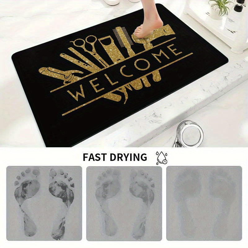 1pc Salon Barber Shop Mat - Anti-Slip Bathroom with Golden Hair Tools Design (Scissors, Comb, Boots), Extra Large Non-Slip Door Mat for Salon, Bathroom, Entryway - Machine Washable Heavy-Duty Rubber Base - Ideal Gift for Hair