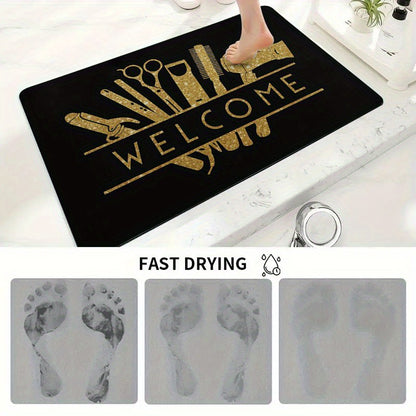 1pc Salon Barber Shop Mat - Anti-Slip Bathroom with Golden Hair Tools Design (Scissors, Comb, Boots), Extra Large Non-Slip Door Mat for Salon, Bathroom, Entryway - Machine Washable Heavy-Duty Rubber Base - Ideal Gift for Hair