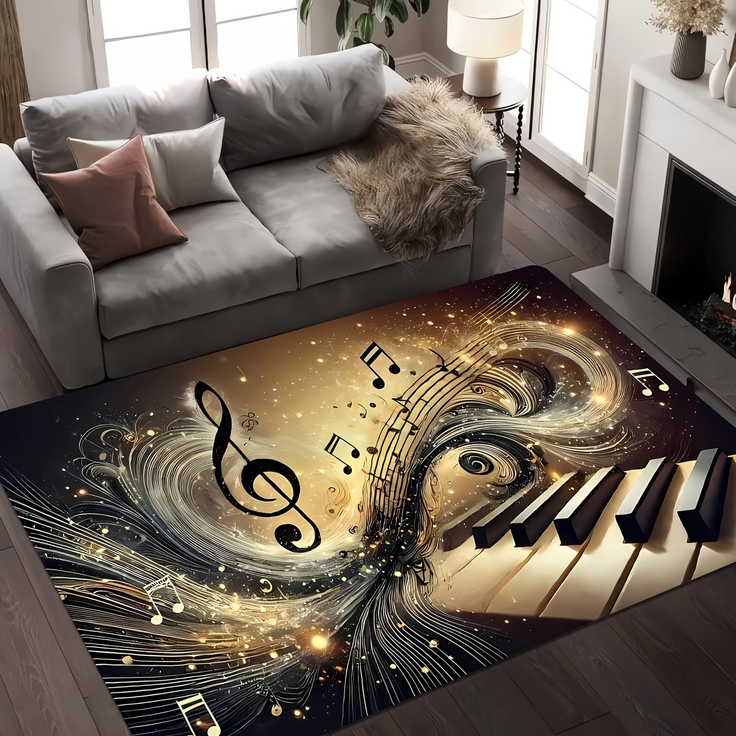 Elegant Musical Note Area Mat - Lightweight, Easy to Clean Polyester Floor Mat with Golden Treble Clef Design for Living Room, Bedroom, Dining Room, Home Office, Bathroom Decor - Perfect Gift for Music Lovers, Music Room Deco