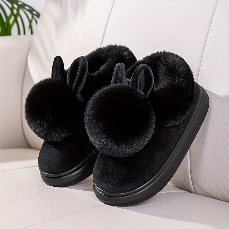 [Cozy House Shoes] 2025 New Autumn & Winter Single Ball Rabbit-Ear Design Warm Slippers for Men & Women - Couples' House Shoes with Thick Sole & Semi-Enclosed Back | Indoor/Outdoor Slides | Lightweight & Quiet Home Footwear |