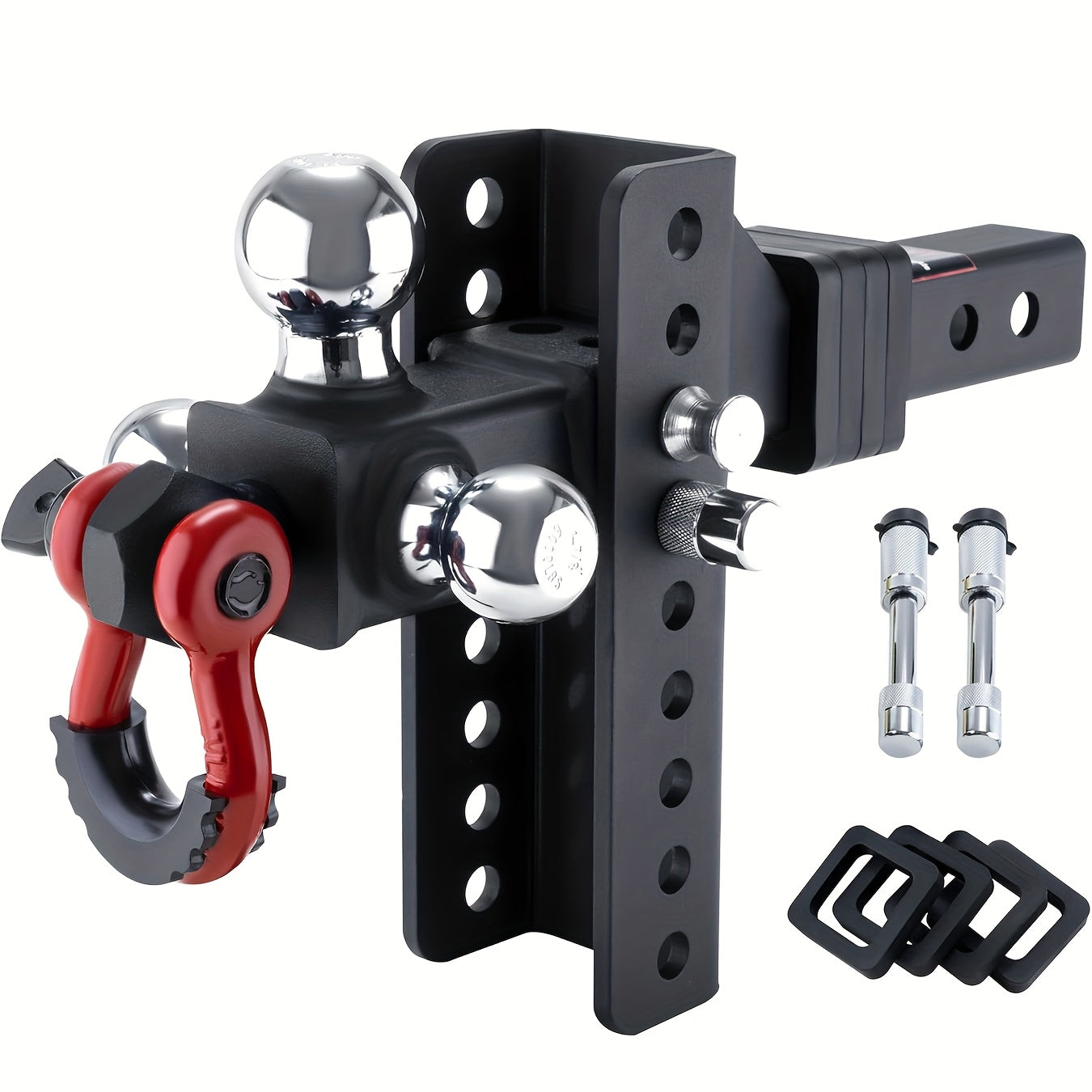 TYT Heavy Duty Adjustable Trailer Hitch Tri-Ball Mount With Locks&Pin&Rotatable Tow Shackle, Fits 2-in Receiver, 6-7/8" Rise/Drop, 1-7/8" & 2" &2-5/16" Ball