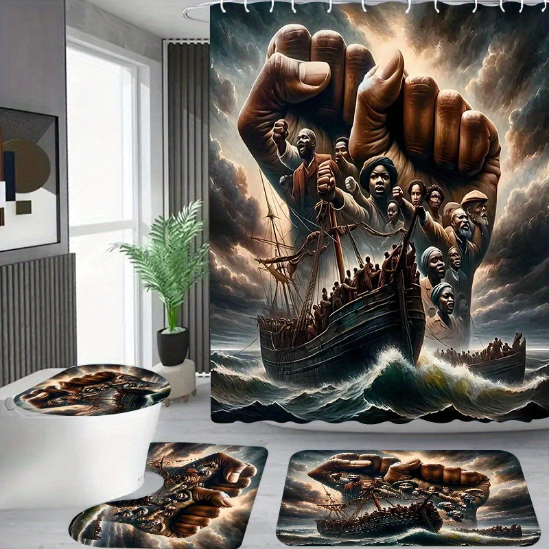 1pc/4pcs Winning ship pattern, Apartment bathroom, Shower Room shower curtain, hotel shower curtain set, with 12 hooks, bathroom mat, toilet seat mat and U-shaped mat, bathroom accessories, shower curtain set