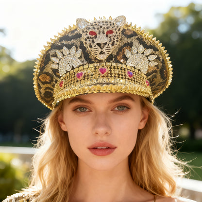 Steampunk Rhinestone Captain Hat for Women | Adjustable Shiny Glam Military Cap with Leopard Print, Perfect for Burning Man, Halloween, Music Festivals, Rave, Cosplay Costume, Carnival, Disco, Bachelorette Party | Sparkling P
