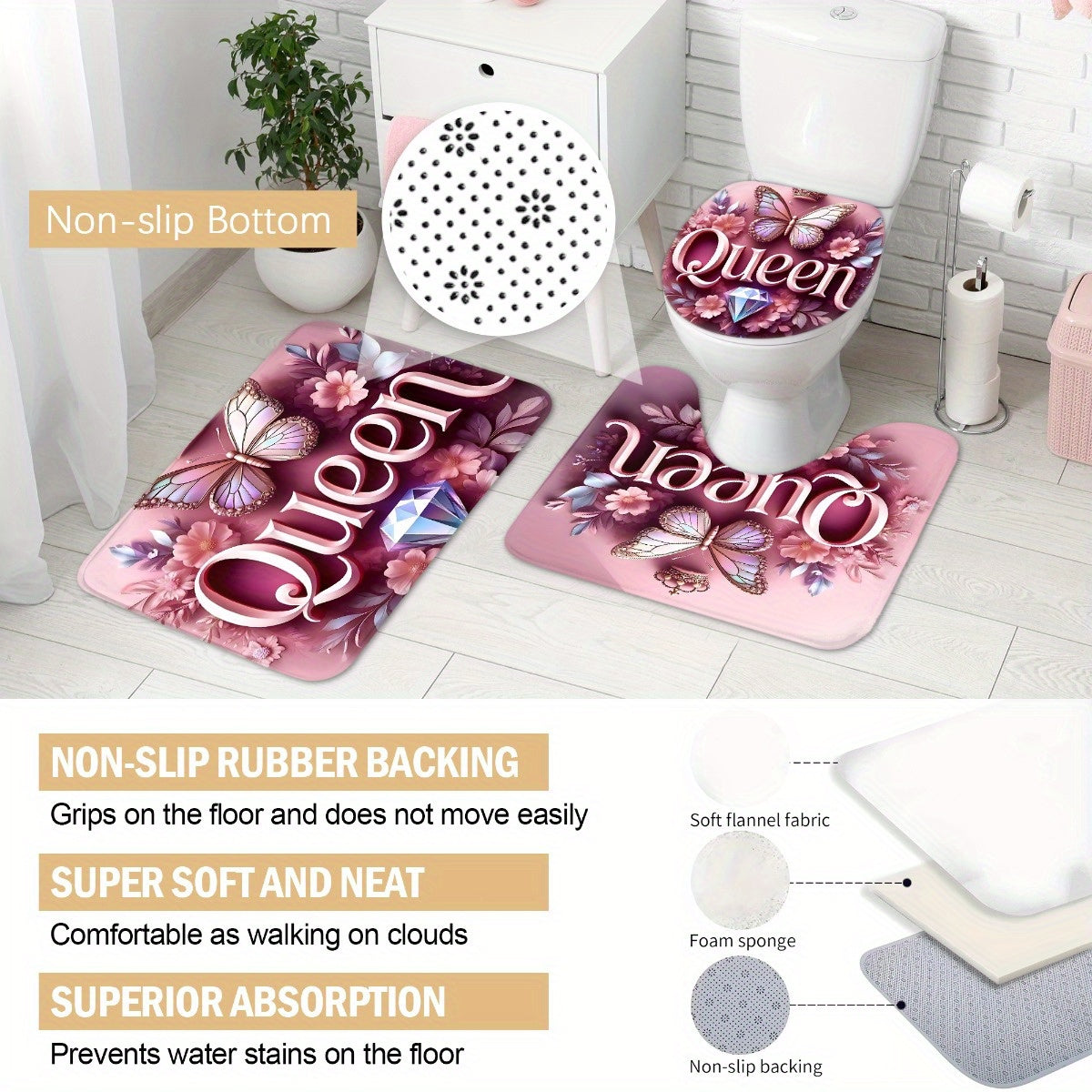 4pcs Queen Pattern Shower Curtain Set, Fashion Bathroom Curtain Set with 12 Hooks Included, Matching Anti Slip Mats & Toilet Covers, Modern Bathroom Accessories Ideal for Home Decor & Housewarming Gift