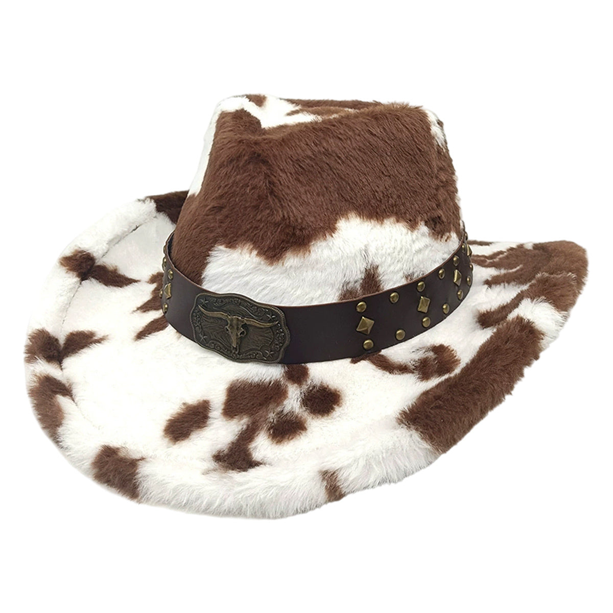 Warm Plush Fuzzy Cowgirl Hat with Bull Head Belt - Unisex Western /H Cow Spot Jazz Cap for Rodeo, Ranch, Themed Parties | Hand Washable for men & women