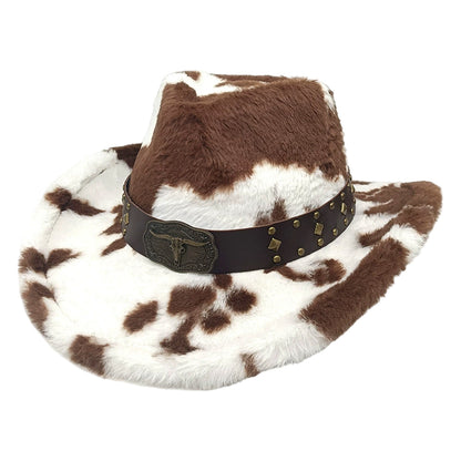 Warm Plush Fuzzy Cowgirl Hat with Bull Head Belt - Unisex Western /H Cow Spot Jazz Cap for Rodeo, Ranch, Themed Parties | Hand Washable for men & women