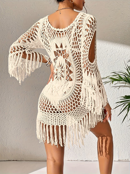Boho Cover Up Dress Without Bikini - Hollow Out Fringe Design, Sheer Beach Wrap Skirt for Women, Vacay Style Swimwear Cover-Up, Lightweight Bohemian Swimwear Accessory, Bathing Suit Cover Up, Summer Vacation Wear, Bohemian Ch