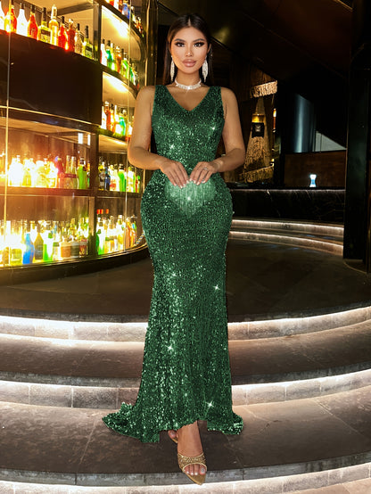 New Sequin Women's Long Dress, Gorgeous Elegant Evening Party Formal Wear Slim High-Waisted Off Shoulder Backless Bridal Wedding Guest Outfit for Travel Music Festival Banquet