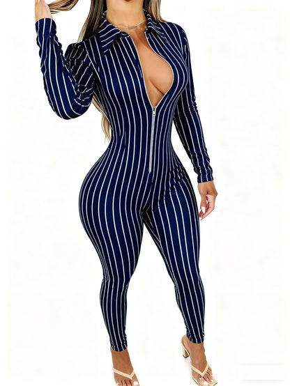 Women's Lightweight Full-Body Animal Print Jumpsuit - Zipper Front Long Sleeve Suit, Tight-Bodied One-Piece for All-Season Casual Wear, Machine Washable y Outfit ( Collar)