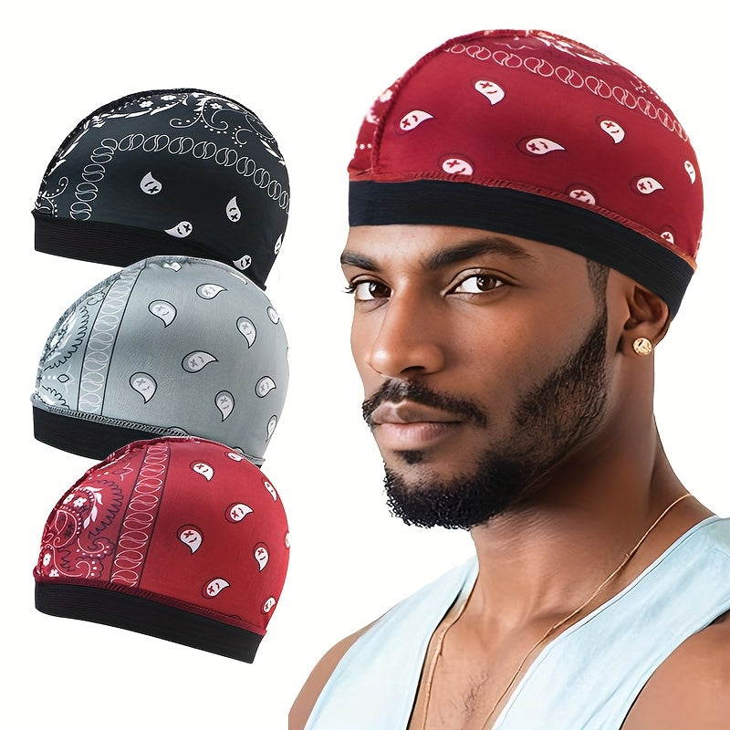 3pcs Paisley Elastic Round Hat Set, Faux Pirate Cap, Hair Loss Wig Headband for Hip-Hop Singers.Warm,Winter hat,Suitable for cold weather