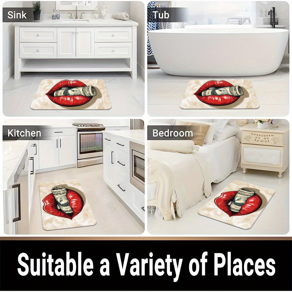 1pc Red Lips with Money Visual Door Mat - Microfiber, Absorbent, Machine Washable Polyester Rug for Bathroom, Bedroom, Living Room Entrance, Bathroom Mat | Artistic Floor Mat | Durable Floor Covering, Bathroom Decor