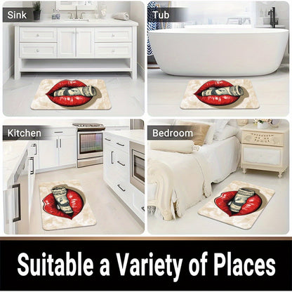 1pc Red Lips with Money Visual Door Mat - Microfiber, Absorbent, Machine Washable Polyester Rug for Bathroom, Bedroom, Living Room Entrance, Bathroom Mat | Artistic Floor Mat | Durable Floor Covering, Bathroom Decor