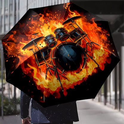 Personalized Drumset in Flames Music-Themed Umbrella with Name/Text - Automatic Open/Close, 8-Rib Durable Design, Compact Folding Umbrella for Drummers, Musicians - Ideal Birthday/Holiday Gift ( Band Style, Black & Golden Dru