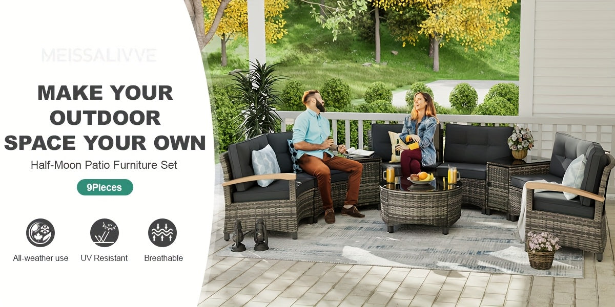 8-11pcs Outdoor Patio Furniture Set, Half-Moon Curved Sectional Sofa Rattan Patio Conversation Set with Wood Armrests for Porch, Backyard - Tempered Glass Round Coffee Table & Side Table, Patio Furniture And Decor, Patio Set,