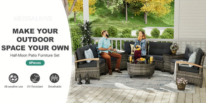 8-11pcs Outdoor Patio Furniture Set, Half-Moon Curved Sectional Sofa Rattan Patio Conversation Set with Wood Armrests for Porch, Backyard - Tempered Glass Round Coffee Table & Side Table, Patio Furniture And Decor, Patio Set,