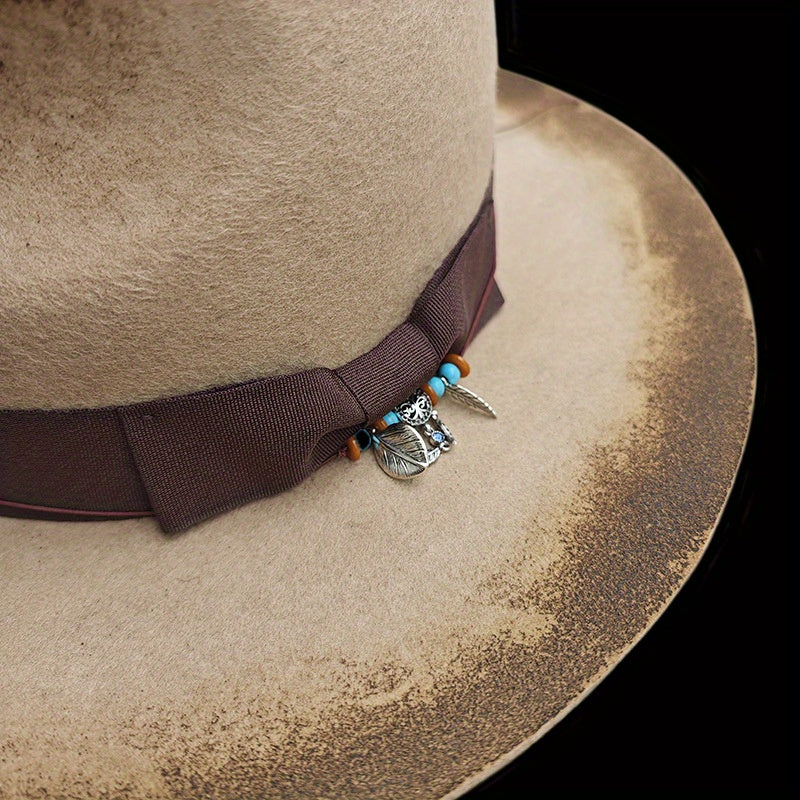 Unisex Vintage Wool Felt Hat with Turquoise-like Feather-Like Ribbon & Feather-Like Pendant - Wide Brim Western /Cowgirl Hat for &, Casual Outdoors, Parties, Daily Wear - Beige/Brown Retro Jazz