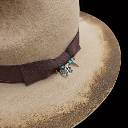 Unisex Vintage Wool Felt Hat with Turquoise-like Feather-Like Ribbon & Feather-Like Pendant - Wide Brim Western /Cowgirl Hat for &, Casual Outdoors, Parties, Daily Wear - Beige/Brown Retro Jazz