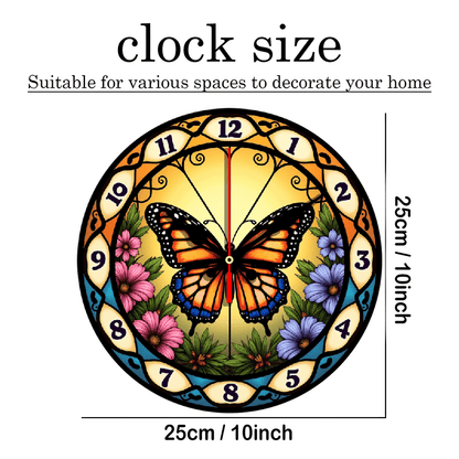 1pc Stained Glass Butterfly Suncatcher Wall Clock - 10 Inch Round Silent Non-Ticking Battery-Powered (AA Not Included) with Easy-to-Read Numerals, Multicolor (Orange/Pink/Purple/Green/Yellow) Floral Butterfly Design - Elegant