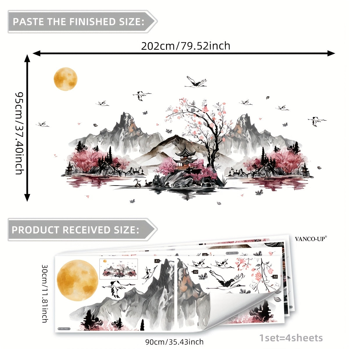 A Set of Four Ink Wash Paintings Resembling Scenic Wall Stickers for Home Decoration, Self-Adhesive M13603-KN.