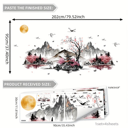 A Set of Four Ink Wash Paintings Resembling Scenic Wall Stickers for Home Decoration, Self-Adhesive M13603-KN.