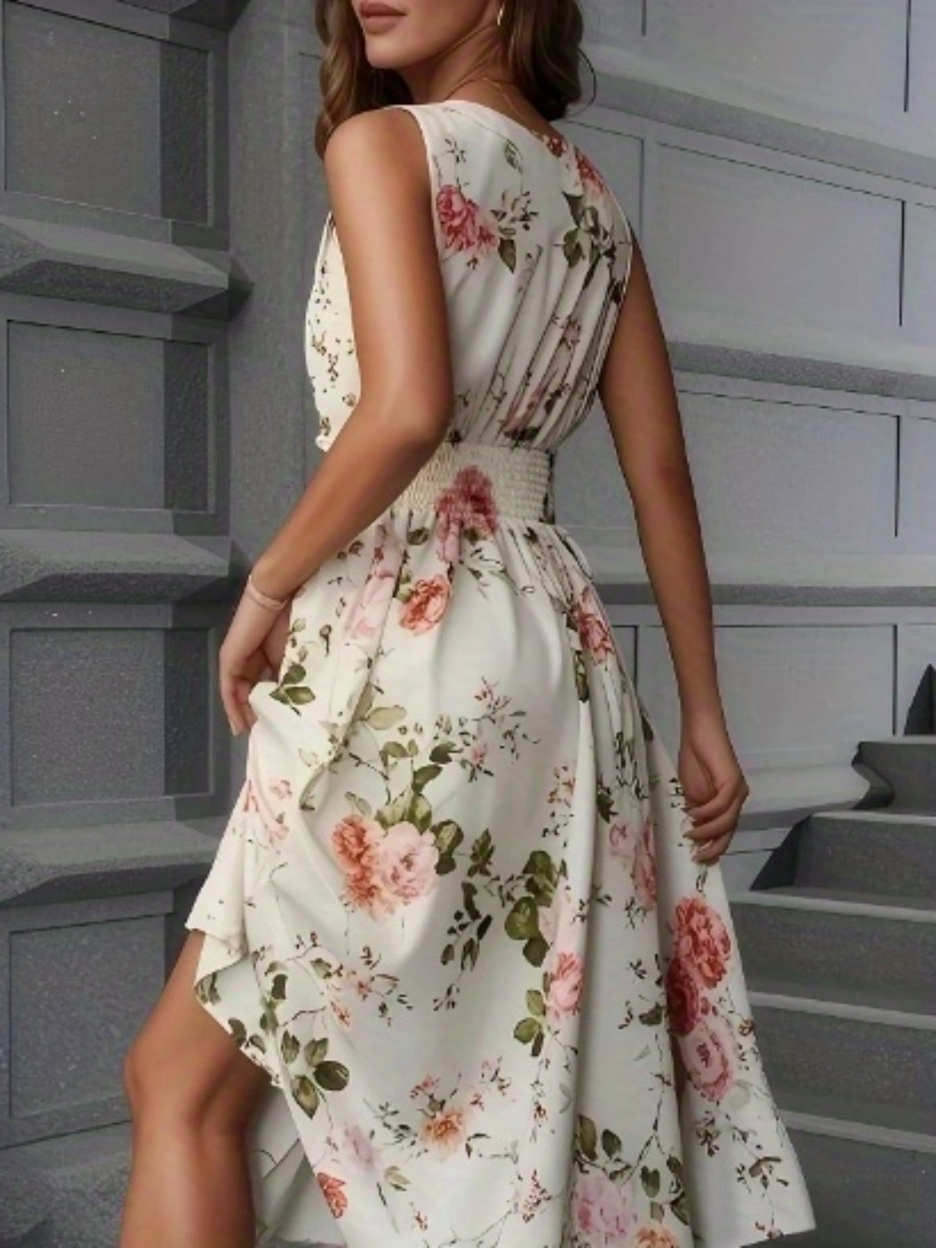 Women's Elegant Floral Print Sleeveless A-Line Sling Dress with Puff Sleeve Accent - Floor-Length or Above-Knee Length Long Skirt, Round Neck Fitted Top & A-Line Silhouette, Machine Washable All-Season Formal & Semi-Formal Ou