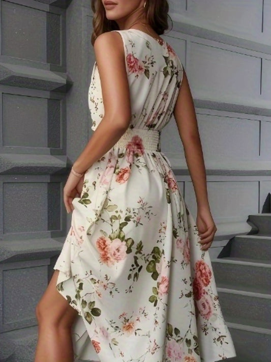 Women's Elegant Floral Print Sleeveless A-Line Sling Dress with Puff Sleeve Accent - Floor-Length or Above-Knee Length Long Skirt, Round Neck Fitted Top & A-Line Silhouette, Machine Washable All-Season Formal & Semi-Formal Ou