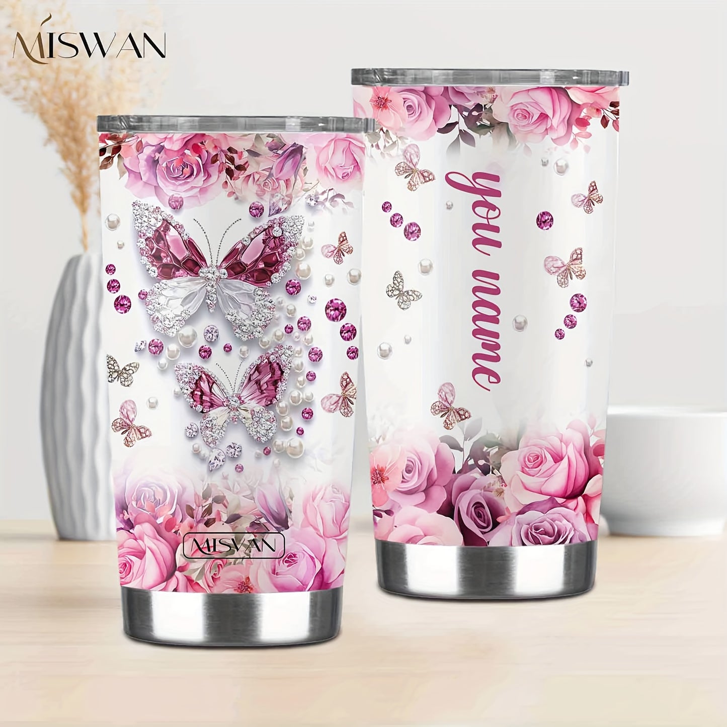 1pc Customized Name Stainless Steel Tumbler | 20oz/22oz/40oz Insulated Water with Lid, Reusable, Round Shape, 304 Stainless Steel, Ideal for Easter, Thanksgiving, Father'S Day, Mother'S Day, Graduation, White Diamond Butterfl
