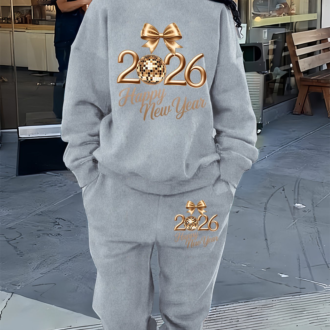 Women'S Casual Crew Neck Sweatshirt & Pants Set - Cozy Fleece-Lined Two-Piece Outfit with "Happy New Year" Print, Perfect for Fall/Winter, Casual Wear, |playful Print|fleece Lined Pants, Sweater Pants