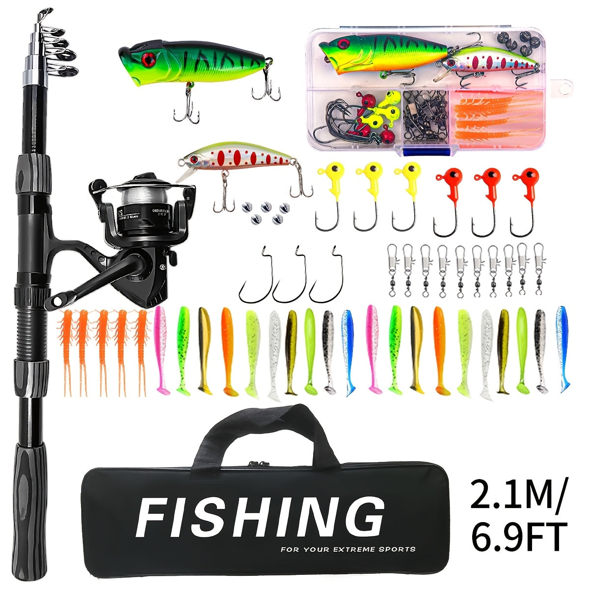 1.8-2.1m Telescopic Fishing Rod & Reel Combo with Carry Bag - Lightweight Fast Action Spinning Reel, Ambidextrous Left/Right Hand Operation, Medium Light Power For Saltwater & Freshwater Fishing, Ideal Gift For Christmas, Hal