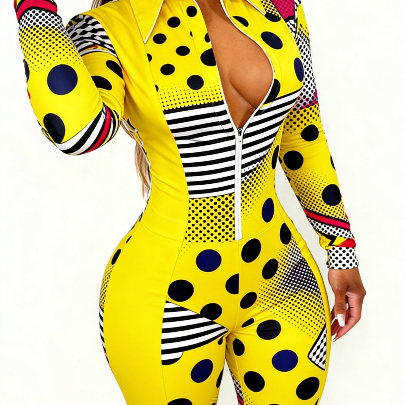 Plus Size - Women Elegant Sexy Slim Fit Animal Striped Front Zipper Jumpsuit | Fashion Printed Onesie, Crew Neck, Slight Stretch Fabric, All-Over Print, Year-Round Versatile Wear for Any Season