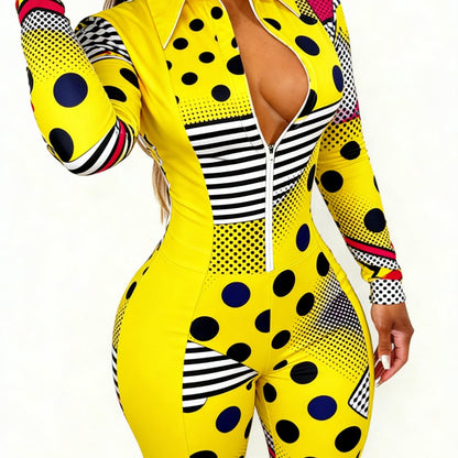Plus Size - Women Elegant Sexy Slim Fit Animal Striped Front Zipper Jumpsuit | Fashion Printed Onesie, Crew Neck, Slight Stretch Fabric, All-Over Print, Year-Round Versatile Wear for Any Season