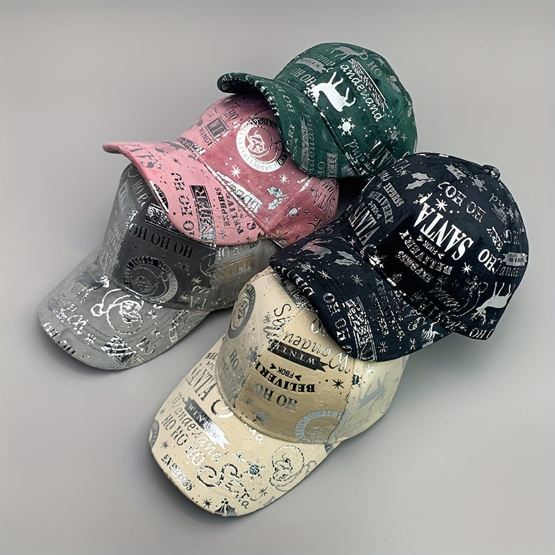 1pc Christmas Reflective Baseball Cap Adjustable Lightweight Polyester Vintage Distressed Six-Panel Street Style Cap with Random Print Patterns (Stars/Hearts/Music Notes) - Unisex Casual & Festive Holiday Accessory, Streetwea